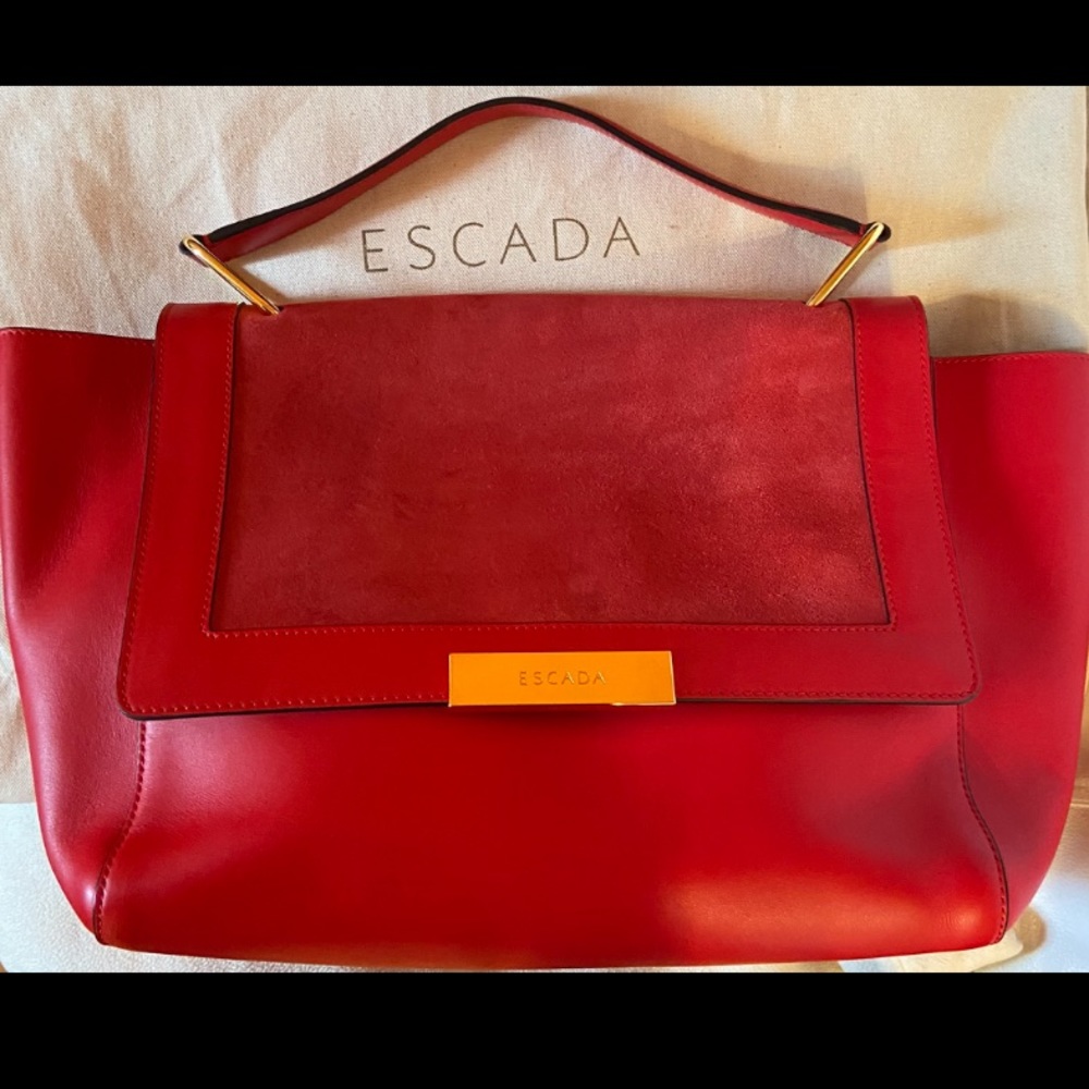 Escada Leather Suede Satchel Handbag Cherry Red